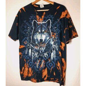 Wolf Dreamcatcher T Shirt L Bleach Dye Black Nature Native Pack Feather Hippie